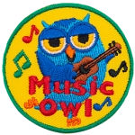 A blue owl dances as he strums a ukulele. Music notes fly about him, and the words Music Owl are written in red at the bottom of the patch.