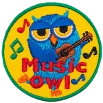 A blue owl dances as he strums a ukulele. Music notes fly about him, and the words Music Owl are written in red at the bottom of the patch.