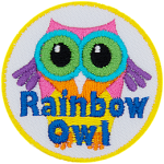 A multi-coloured owl with the words Rainbow Owl at the bottom.