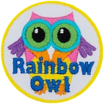 A multi-coloured owl with the words Rainbow Owl at the bottom.