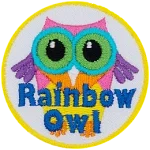 A multi-coloured owl with the words Rainbow Owl at the bottom.