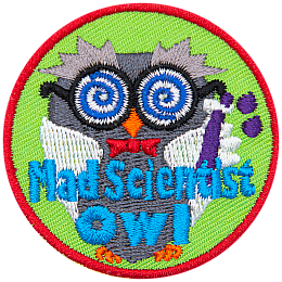 A grey owl wearing a lab coat and crazy glasses holds a purple vial. The words Mad Scientist Owl are across the bottom.