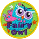 A blue owl with pink fairy wings travels through stars. The words Fairy Owl are across the bottom.