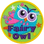 A blue owl with pink fairy wings travels through stars. The words Fairy Owl are across the bottom.