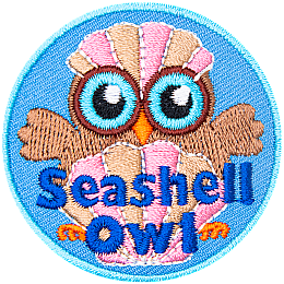 An owl sits behind a beautiful clamshell with its wings outstretched to either side. The owl wears another clam shell like a hat.