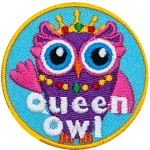 A purple and pink owl wearing a jewelled necklace. The words Queen Owl are across the bottom.