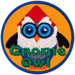 An owl wearing a Gnome hat and a beard. The words Gnome Owl are across the bottom.