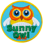 A yellow owl with white wings and a white belly with the words Sunny Owl at the bottom.