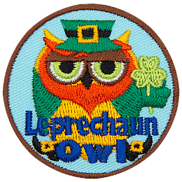 A green owl with a red beard holds a three-leafed clover. The words Leprechaun Owl are across the bottom.