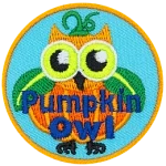 A round owl shaped like a pumpkin with leaves for wings. The words Pumpkin Owl are across the bottom.