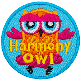 An orange and pink owl sits cross-legged. The words Harmony Owl are across the bottom.