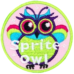 This colourful owl with fairy wings has the words Sprite Owl across the bottom.