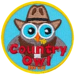 A grey owl wears a cowboy hat and a vest. The words Country Owl are across the bottom.