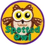A fluffy brown owl with yellow eyes and the words Spotted Owl at the bottom.