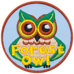 A green and brown owl stares straight ahead. The owl's ears are leaves. The words Forest Owl are across the bottom.