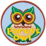A green and brown owl stares straight ahead. The owl's ears are leaves. The words Forest Owl are across the bottom.