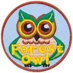 A green and brown owl stares straight ahead. The owl's ears are leaves. The words Forest Owl are across the bottom.