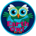 An owl shaped and coloured like the globe. Across the bottom is the text Earth Owl.