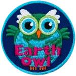 An owl shaped and coloured like the globe. Across the bottom is the text Earth Owl.