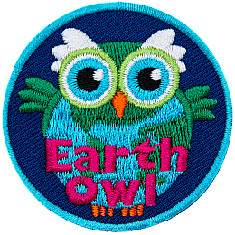 An owl shaped and coloured like the globe. Across the bottom is the text Earth Owl.