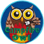 A brown owl roasts a marshmallow over a roaring campfire. The words, Campfire Owl are across the bottom.
