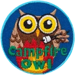 A brown owl roasts a marshmallow over a roaring campfire. The words, Campfire Owl are across the bottom.