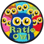 One adult owl stares straight ahead as five kid owls surround her. The text reads Ratio Owl.