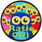 One adult owl stares straight ahead as five kid owls surround her. The text reads Ratio Owl.
