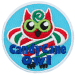 A red, green and white striped owl made to look like a Candy Cane with the words Candy Cane Owl below.