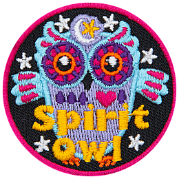 A decorated blue owl stares at the viewer. The words Spirit Owl are across the bottom.
