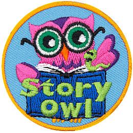 This bespectacled owl turns a page in the book she is reading. The words 'Story Owl' are written at the bottom of this round patch.