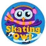 A purple owl with ear muffs and a scarf skates on ice. The words Skating Owl are across the bottom.