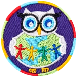 This owl holds the words in her wings. Spread across the globe are four human silhouettes of various colours (left to right: red, yellow, blue, and purple).