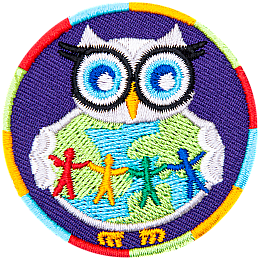 This owl holds the words in her wings. Spread across the globe are four human silhouettes of various colours (left to right: red, yellow, blue, and purple).