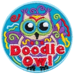 This round patch shows an owl covered in doodle scribbles. The text Doodle Owl rests at the bottom of the patch.
