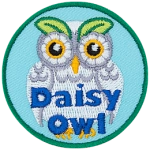 A white owl with two leaves as eyebrows. The words Daisy Owl are at the bottom.
