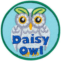 A white owl with two leaves as eyebrows. The words Daisy Owl are at the bottom.