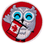 A grey and white owl holds a Canadian Flag and waves at the viewer. The background of this round patch is a bright red.