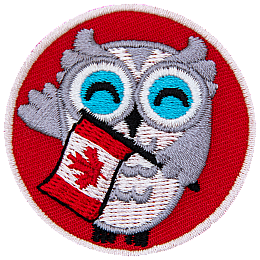 A grey and white owl holds a Canadian Flag and waves at the viewer. The background of this round patch is a bright red.