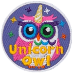 This circular badge displays a rainbow owl with a spiral horn on the top of its head and sparkles around it. The words Unicorn Owl rest at the bottom.