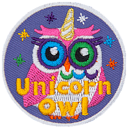 This circular badge displays a rainbow owl with a spiral horn on the top of its head and sparkles around it. The words Unicorn Owl rest at the bottom.