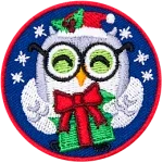 A grey owl holds a green present wrapped in a red ribbon. The owl has a Santa hat and round glasses.