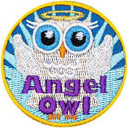 A grey owl has its wings back like an angel. A halo is over its head. The words Angel Owl are across its torso.