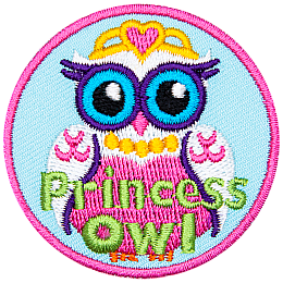 This regal princess owl wears a golden crown, necklace, and a beautiful pink dress.