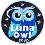 A blue owl stares at the viewer. The words across the bottom read Luna Owl.