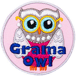 A silver owl has a pearl necklace and matching earrings, as well as a pink dress and gold glasses. The words Grama Owl are across the bottom half.