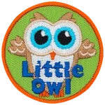 A light brown owl with a white stomach and face. The words Little Owl are at the bottom.