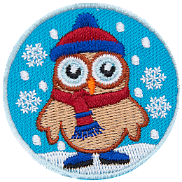 A brown owl stares wide-eyed ahead. It is dressed in a warm toque, scarf, and boots as it stands amongst falling snowflakes.