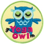 A blue owl is in the mountain yoga pose with its eyes closed. The words Yoga Owl are at the bottom.