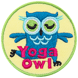 A blue owl is in the mountain yoga pose with its eyes closed. The words Yoga Owl are at the bottom.